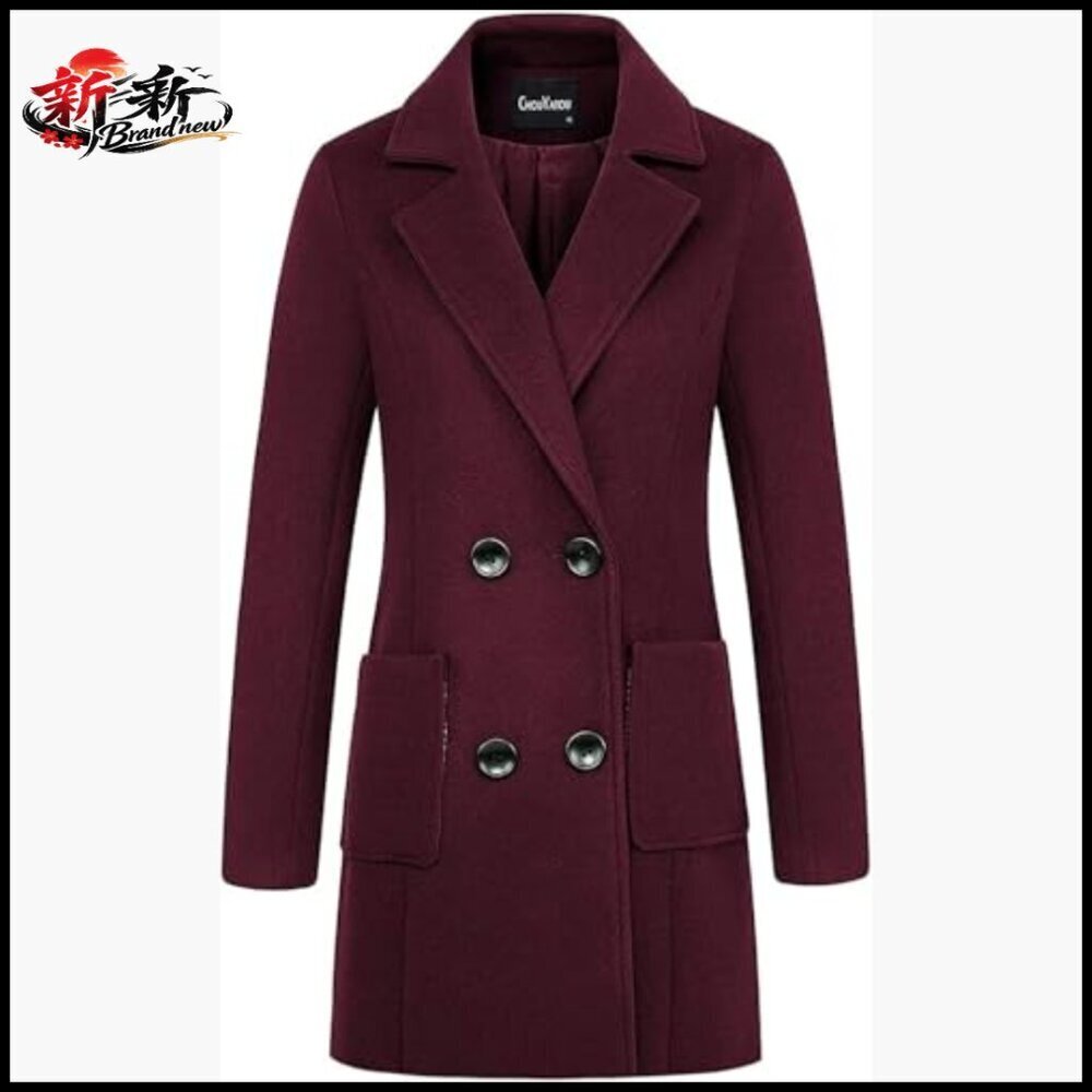 Wool Blend Pea Coat Notched Lapel Double Breasted Mid Long Overcoat - Picture 2 of 3